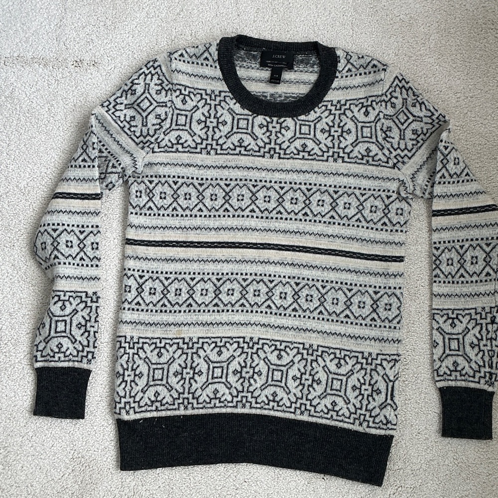 J. Crew Black and Gray Patterned Crewneck Sweater Cashmere mixed